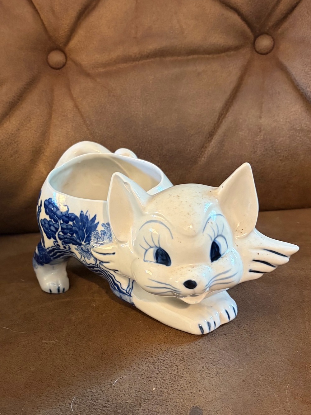 Rare Blue Willow Ceramic Cat Planter